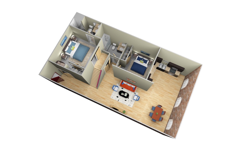 Carding - 2 bedroom floorplan layout with 2 baths and 1206 square feet.