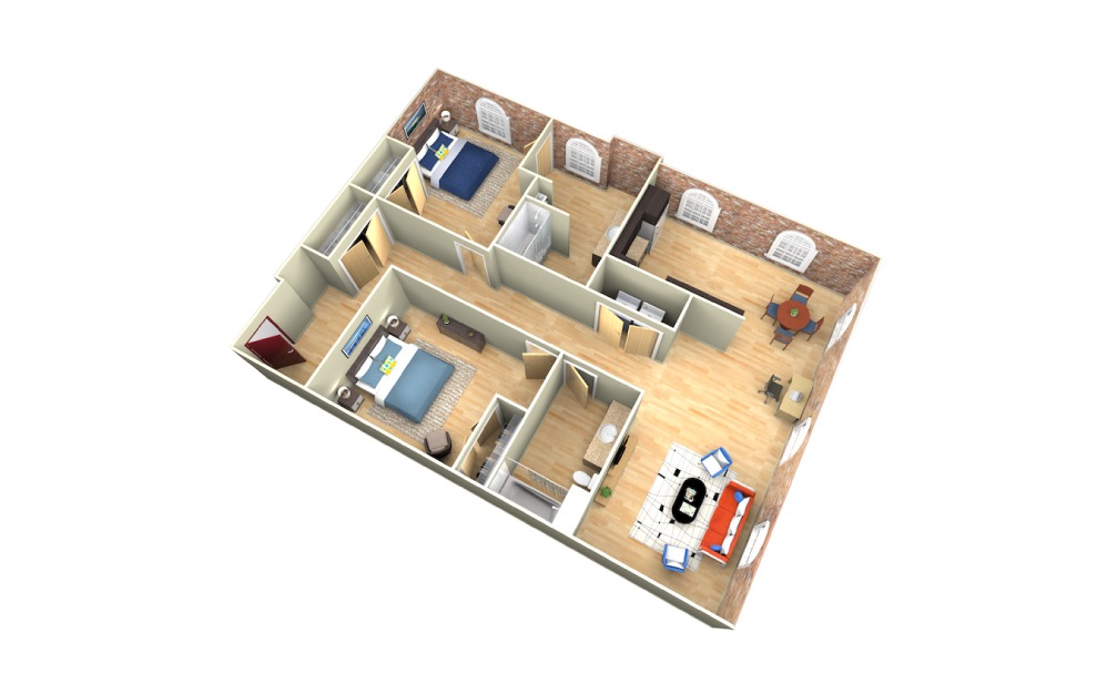 Pilot - 2 bedroom floorplan layout with 2 baths and 1038 square feet.