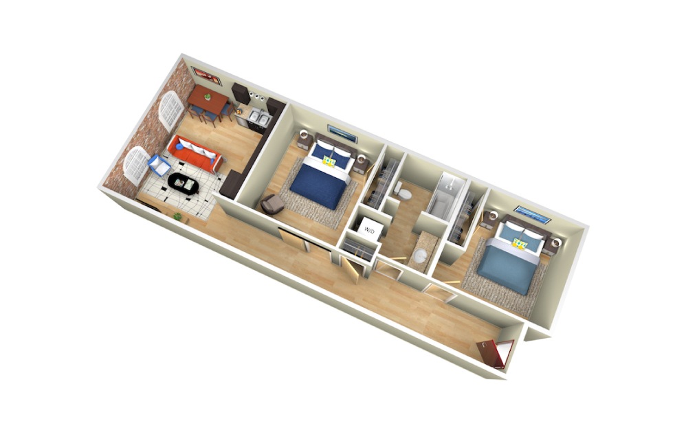 Printworks - 2 bedroom floorplan layout with 1 bath and 803 square feet.