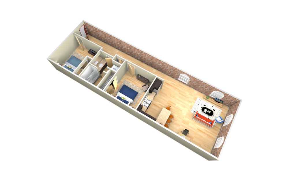 Warper - 2 bedroom floorplan layout with 1 bath and 1045 square feet.
